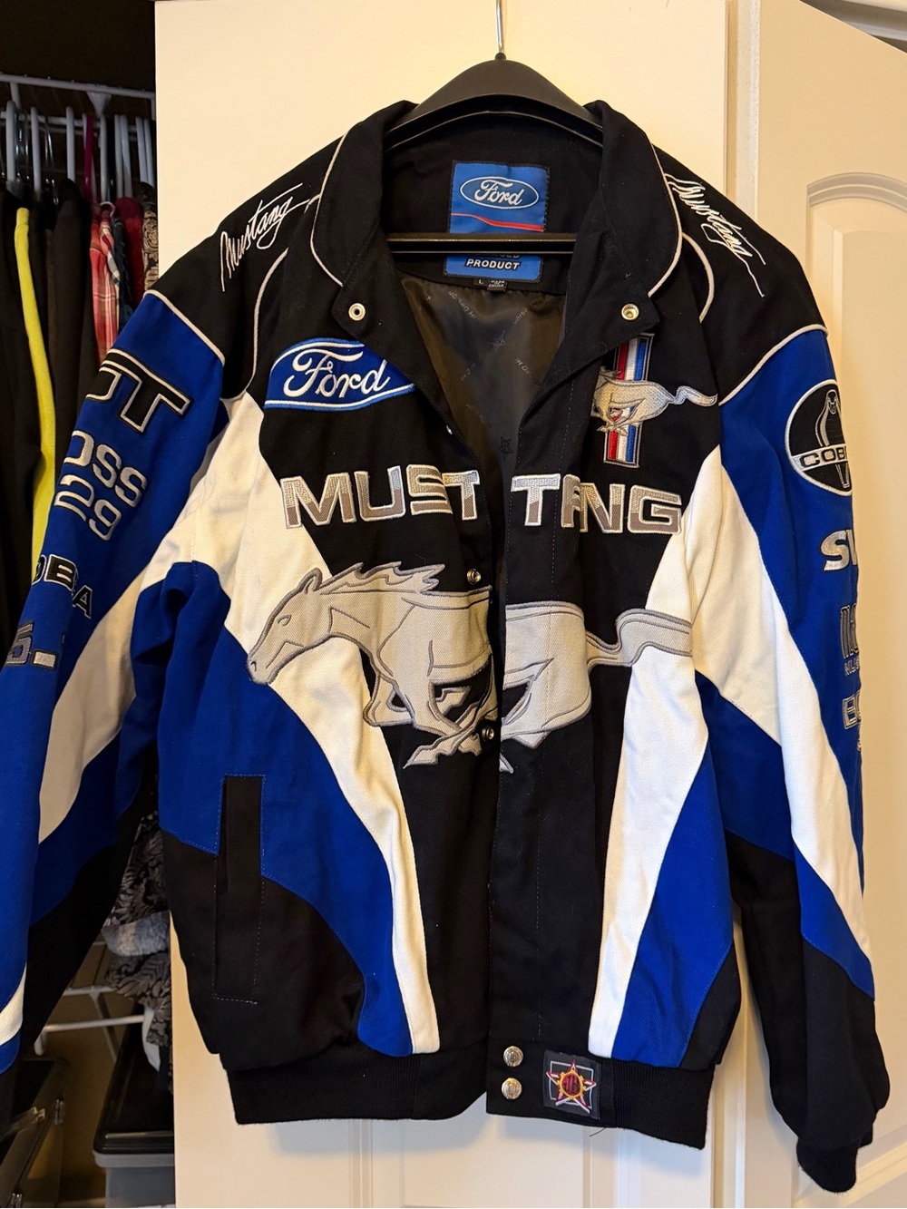 Ford Mustang Men's Racing Bomber Jacket - Black/Blue/White